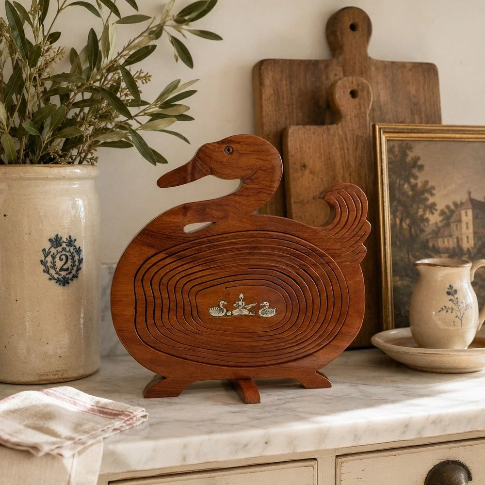 Vintage Wooden Duck Trivet French Country Kitchen Decor Inlay Mother of Pearl